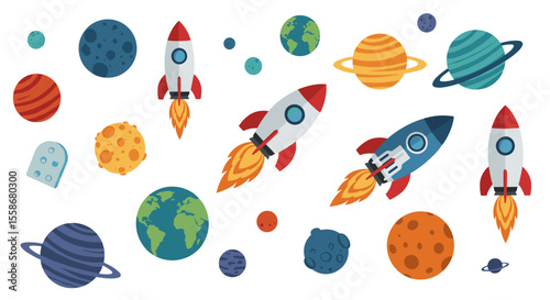 Space exploration vector illustration: rocket and planet design for educational posters in flat style