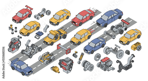 Isometric car assembly parts vector illustration for automotive design