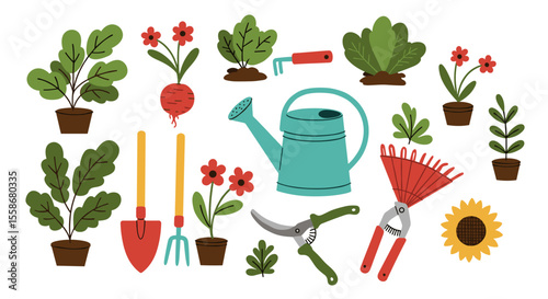 Gardening tools and plants vector illustration for nature-themed design, flat style