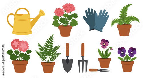 Gardening tools and plants vector illustration: flat design for nature and horticulture themes