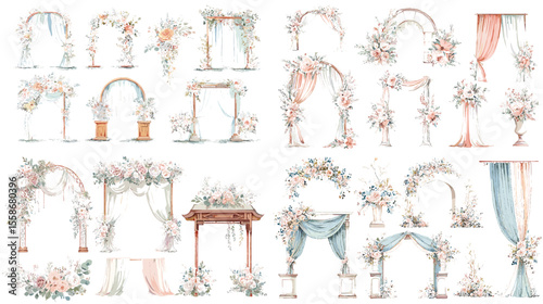Romantic watercolor floral wedding arches and altar decorations, perfect for wedding invitations, event planning designs, and elegant celebration themes.


