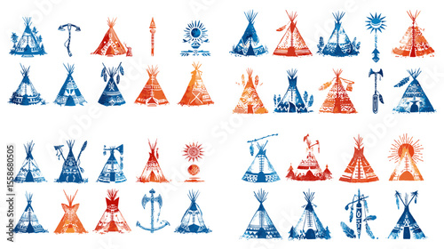 Monochrome red and blue illustrations of tribal tipi tents and symbolic icons, ideal for ethnic patterns, cultural design, and native heritage projects.

