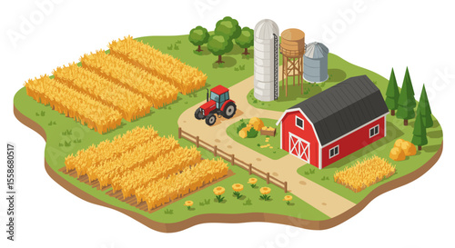 Isometric farm scene vector illustration: agriculture landscape with harvest and red barn - design for print or poster