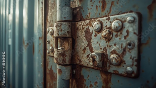Rusty metal hinge with bolts on blue weathered industrial door