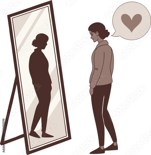 Woman thinking of self love with a heart in a thought bubble isolated on transparent background