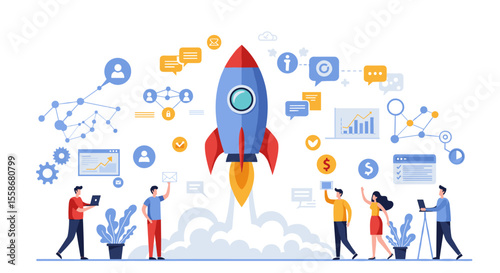 Business growth and innovation: startup launch vector illustration for web and print design in flat style