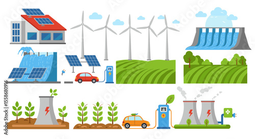 Renewable energy vector illustration: solar, wind, hydro, and eco-friendly power sources for environmental awareness design