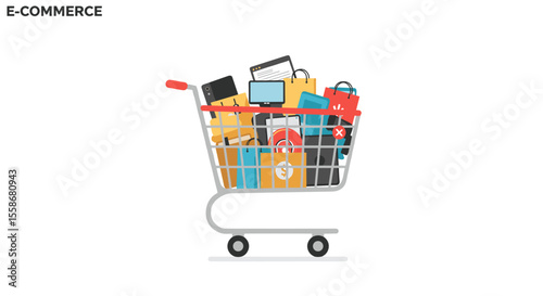 Shopping cart with gadgets vector illustration for e-commerce website design in flat style