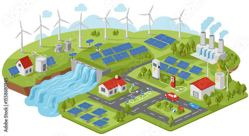 Sustainable energy sources vector illustration: isometric design for educational and promotional material