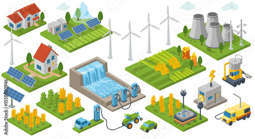 Renewable energy sources vector illustration: isometric design for educational and environmental posters