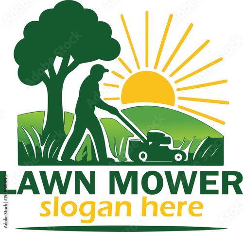 Lawnmower Lawn mower logo design template with riding mower for landscaping gardening and lawn care vector graphic
