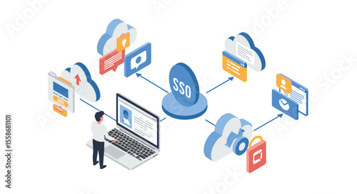 Secure single sign-on vector illustration: cloud computing concept for web security design in isometric style