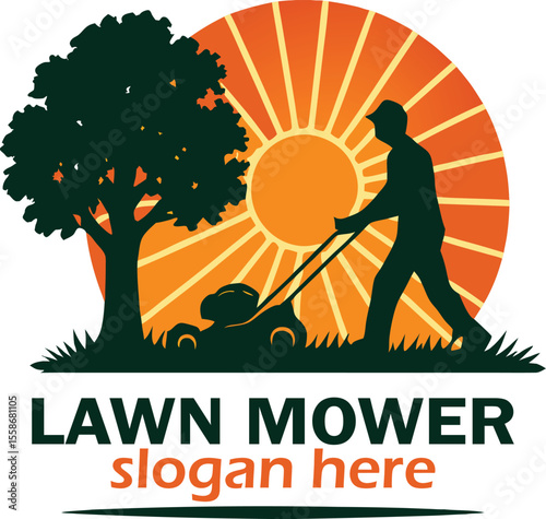 Lawnmower Lawn mower logo design template with riding mower for landscaping gardening and lawn care vector graphic
