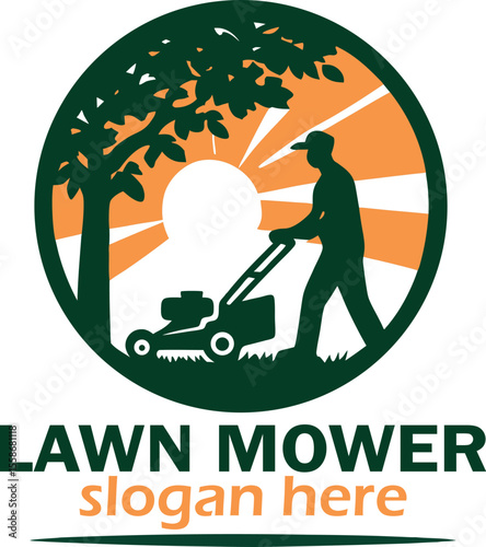 Lawnmower Lawn mower logo design template with riding mower for landscaping gardening and lawn care vector graphic
