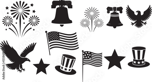 Black And White Silhouette Graphics American Flag Eagle Fireworks Liberty Bell Uncle Sams Hat Stars Patriotic