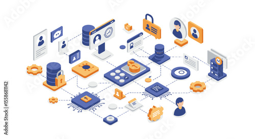Isometric digital security network vector illustration for poster and web design