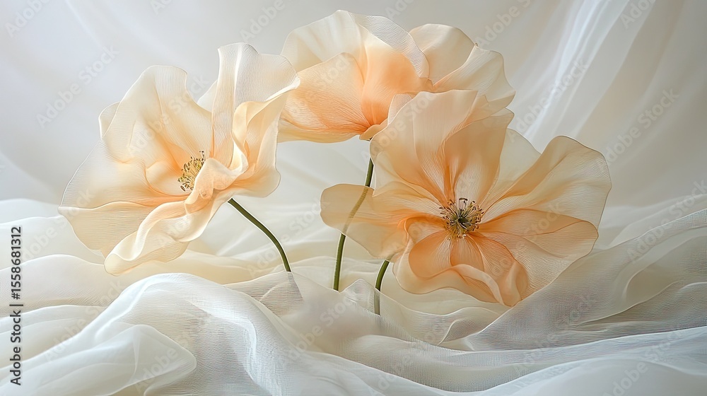 Obraz premium Sheer fabric flower arrangement on soft surface, delicate floral art display with translucent textile materials