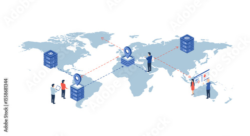 Global network data distribution vector illustration - isometric style design for technology concepts and presentations