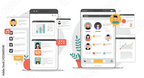 Flat vector illustration of online team management and communication interface for modern business solutions