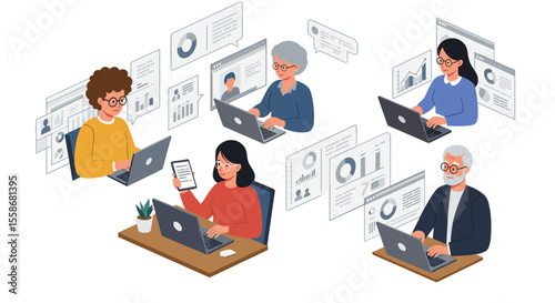 Collaborative online meeting vector illustration for remote work and communication in flat design