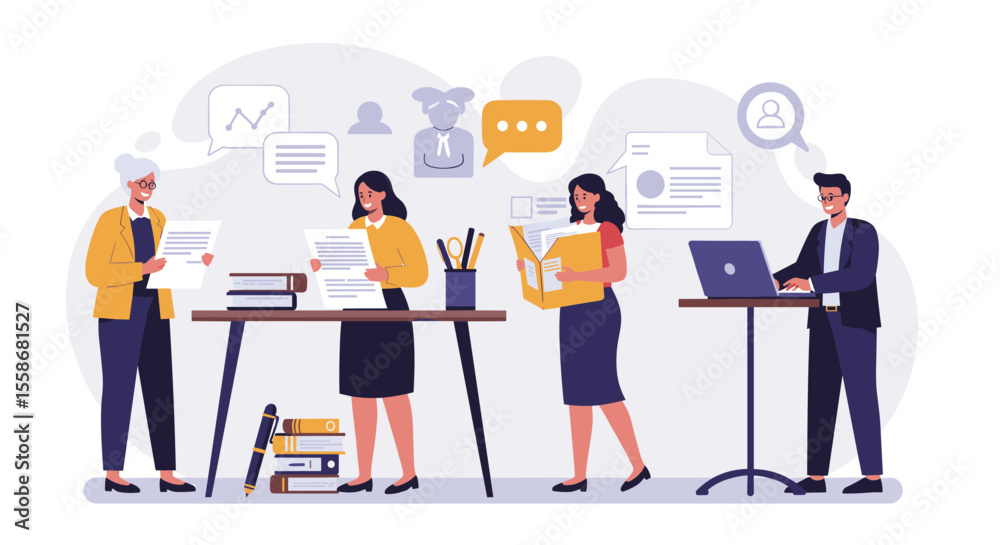 Modern office teamwork scene vector illustration for business communication design Modern office teamwork scene vector illustration for business communication design