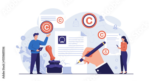 Copyright protection process vector illustration - flat style design for posters and prints