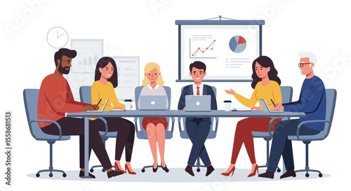 Business meeting vector illustration: office team discussing growth in flat design for presentation, card, poster
