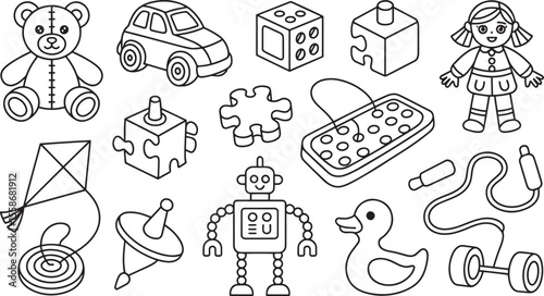 Blackand White Line Drawing Various Childrens Toys Teddy Bear Car Puzzle Robot Doll Kite Top Spinning Top