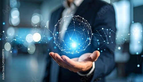 A three-dimensional sphere composed like space on the hand of a blurred man in a suit