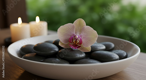 Delicate Orchid Blossom with Pink Veins Resting on Smooth Black Stones.