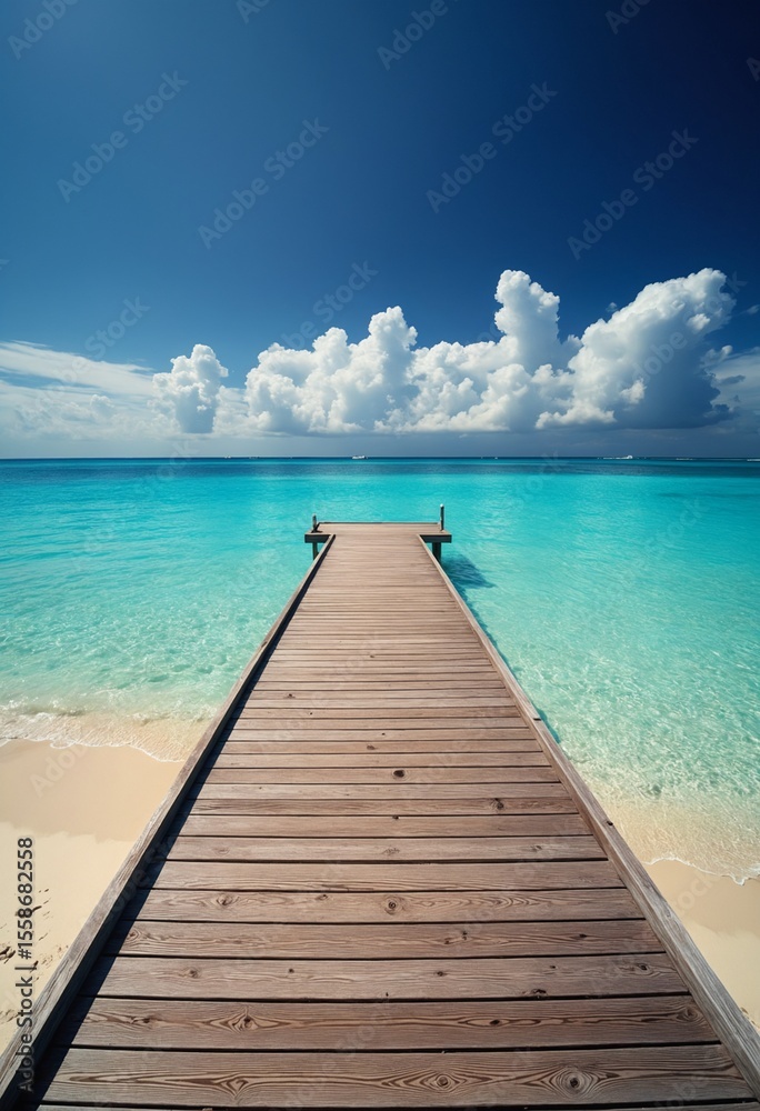 Fototapeta premium Wooden dock stretching into turquoise waters, serene beach backdrop. Tranquil escape into nature's beauty