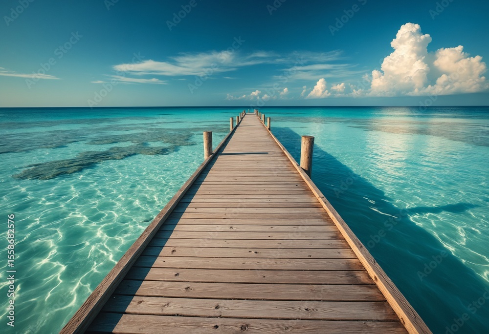 Obraz premium Wooden dock stretching into turquoise waters, serene beach backdrop. Tranquil escape into nature's beauty