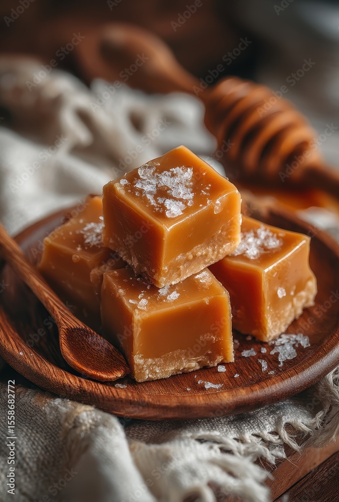 custom made wallpaper toronto digitalCreamy and Delicious Caramel Squares with a Touch of Sea Salt on a Rustic Wooden Plate Surrounded by Natural Textures and Warm Tones