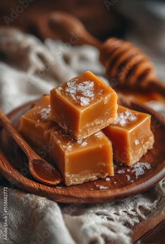 Wallpaper Mural Creamy and Delicious Caramel Squares with a Touch of Sea Salt on a Rustic Wooden Plate Surrounded by Natural Textures and Warm Tones Torontodigital.ca