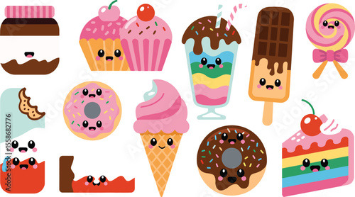 Cute Kawaii Cartoon Sweets Collection Pink Chocolate Ice Cream Cake Donut Lollipop vector