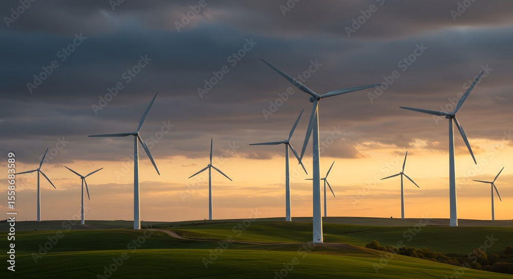 Wind Turbines on Green Hills at Sunset. Renewable Energy Wind Farm with Dramatic Sky for Clean Power Generation and Sustainable Future. Wind Turbines on Green Hills at Sunset. Renewable Energy Wind Farm with Dramatic Sky for Clean Power Generation and Sustainable Future.