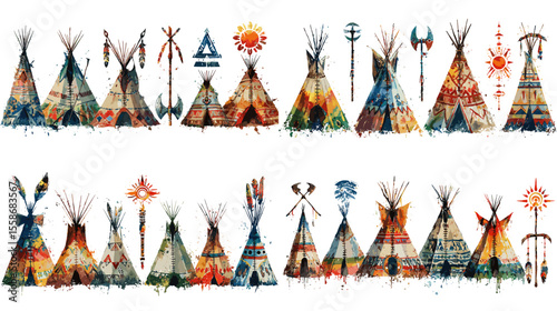 Colorful watercolor illustrations of Native American teepee tents with tribal symbols and patterns, perfect for cultural designs, boho themes, or festival art.

