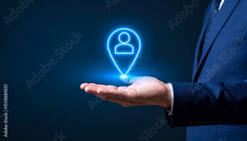 Neon glowing location-based icons hovering above hands
