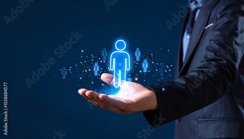 Neon glowing location-based icons hovering above hands