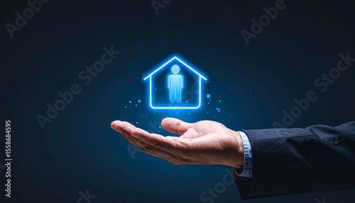Neon glowing location-based icons hovering above hands