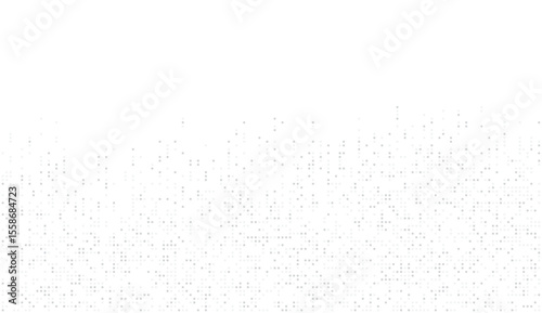 Monochrome pixel scatter vector with soft gray tones on white background, perfect for minimal data visualization, binary abstraction, tech analytics, and modern digital designs.