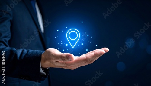 Neon glowing location-based icons hovering above hands