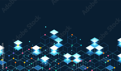 Vector of advanced glowing cubes in 3D blockchain digital grid on dark background, ideal for smart platforms, decentralized systems, crypto tech, and futuristic data structures.