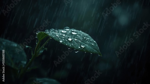 Close-up green leaf with rain droplets dark background nature water