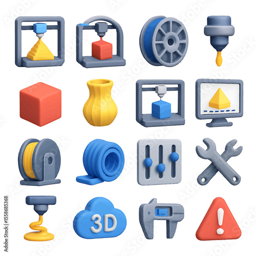 3D Printing Process: Stylized Icons of Equipment, Tools, and Output