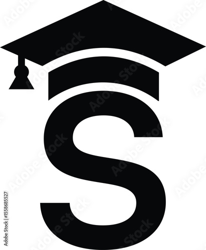 Stylized educational typography featuring lowercase and uppercase letters topped with academic graduation caps, symbolizing modern learning and creative academic design, letter s education hat