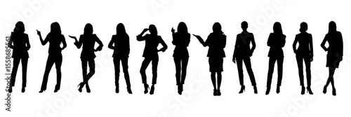 Silhouettes of women in suits in different poses. Ideal for use in business design, corporate visuals, presentations, and infographics