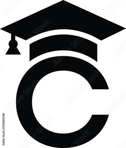 Stylized educational typography featuring lowercase and uppercase letters topped with academic graduation caps, symbolizing modern learning and creative academic design, letter c education hat