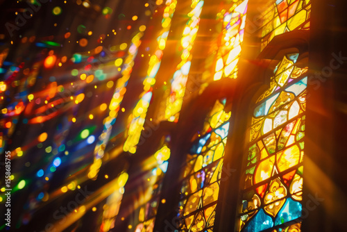 A vibrant and ornate portrayal of religious artistry, a stained glass, with sunlight streaming through, illuminating intricate patterns