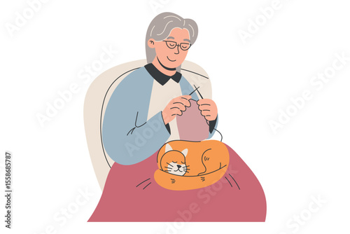 Vector isolated flat illustration of an elderly woman knitting with a cat on her lap, perfect for family, lifestyle, hobby, craft, cozy home, or retirement-themed designs and editorial content.